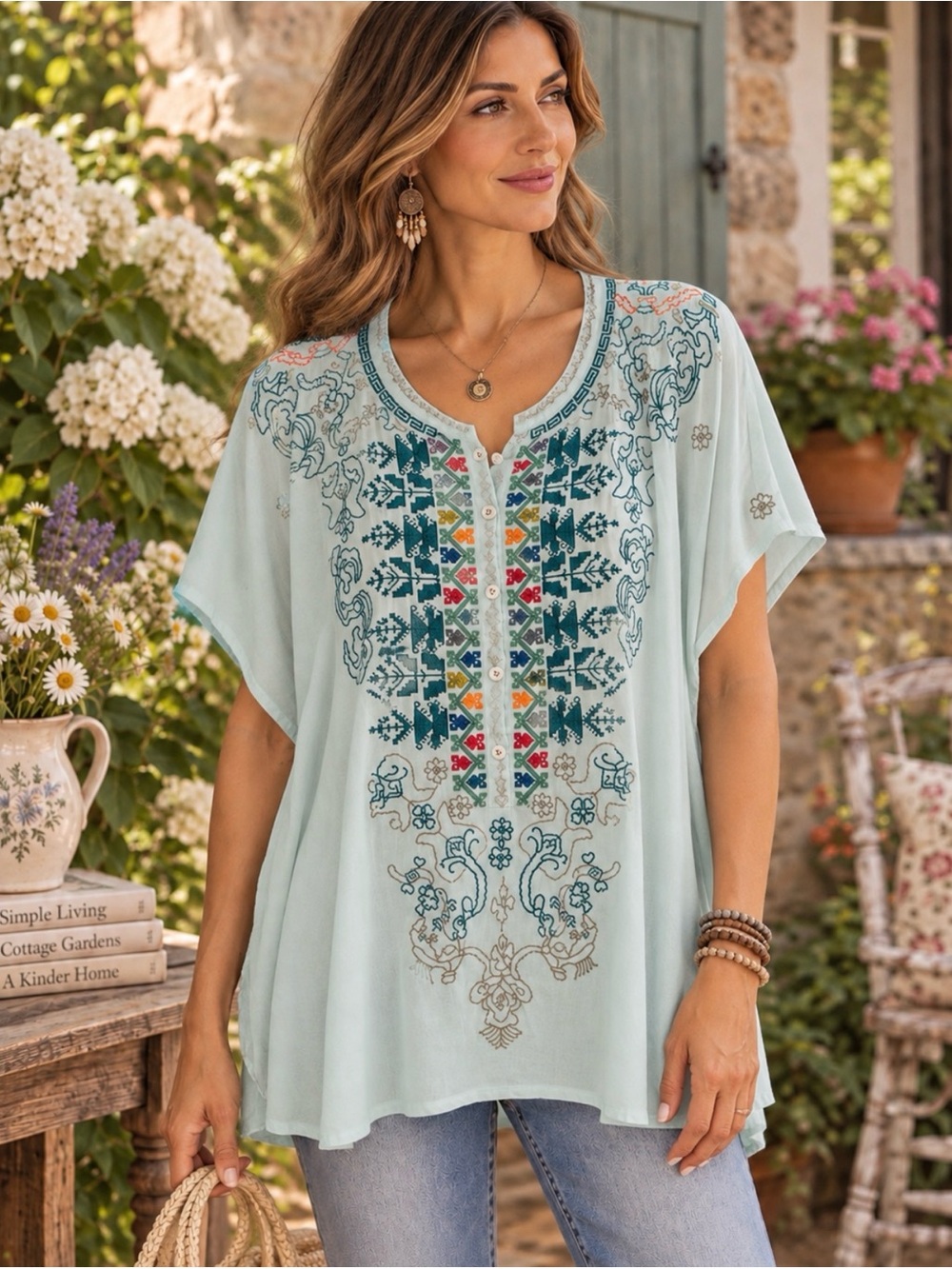 BIYA by Johnny Was Silk Heavily Embroidered Boho Peasant Tunic Top
